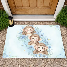 Hear See Speak No Evil Baby Monkeys Blue Flowers - Home Decor Gift for Monkey Lovers Doormat