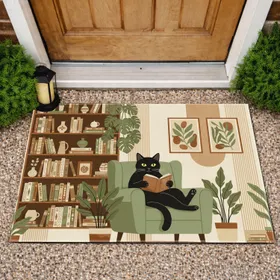 Black Cat Reading Armchair Bookshelf - Home Decor Gift for Book Lovers Doormat