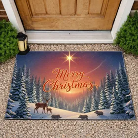 Merry Christmas Star Winter Forest Animals Holiday Decor Doormat