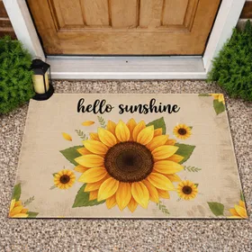 Hello Sunshine Script Sunflower Green Leaves Rustic Burlap - Farmhouse Home Decor Gift Doormat