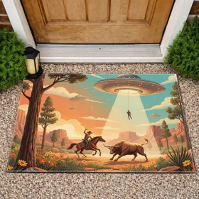 Cowboy Bull Flying Saucer Desert - Home Decor Gift for Sci-Fi Western Lovers Doormat