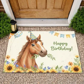 Horse Party Hat Balloons Floral - Happy Birthday Gift for Horse Lover Doormat
