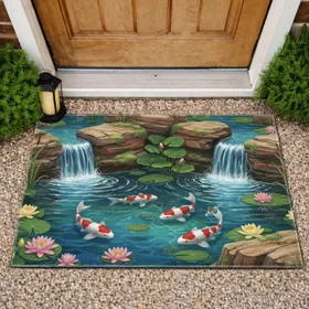 White Red Koi Fish Waterfall Pond Water Lily Aquatic Plant Natural Rocks - Home Decor Gift Doormat