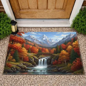 Autumn Mountain Waterfall Bridge - Nature Lover Home Decor Gift Doormat