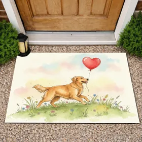 Golden Retriever Dog Red Heart Balloon - Home Decor Gift for Dog Lover Doormat