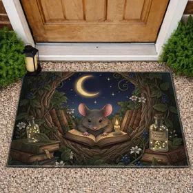Mouse Reading Old Book Candle Tree Hollow - Home Decor Gift for Book Lovers Doormat