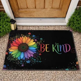 Rainbow Sunflower Be Kind Script Botanical Vines - Garden Lover Home Decor Gift Doormat