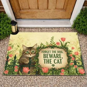 Tabby Cat Beware Sign Ornate Fence - Home Decor Gift for Cat Lover Doormat