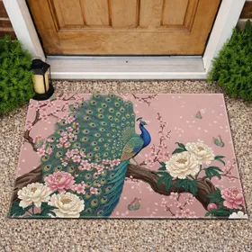Peacock Cherry Blossom Peony Butterfly Gnarled Branch - Asian Home Decor Gift for Bird Lover Doormat