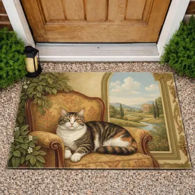 Reclining Calico Tabby Cat Ornate Armchair Pastoral View - Cat Lover Home Decor Gift Doormat