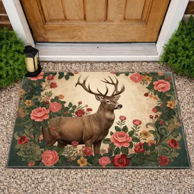Majestic Stag Antler Deer Rose Floral Botanical - Wildlife Lover Home Decor Gift Doormat
