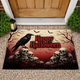 Happy Halloween Raven Human Skulls Bare Trees Bats - Halloween Party Celebration Gift Doormat