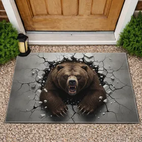 Realistic Grizzly Bear Roaring Through Cracked Concrete Wall - Wildlife Lover Home Decor Gift Doormat