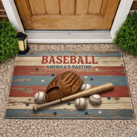 Baseball America's Pastime Glove Bat Ball Red White Blue Stars - Sports Fan Gift Doormat