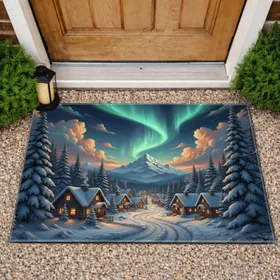 Winter Village Cabins Night Aurora Borealis Mountain - Winter Home Decor Gift Doormat