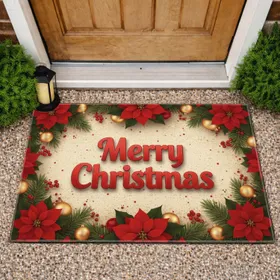 Merry Christmas Poinsettia Holly Bauble - Christmas Gift Doormat