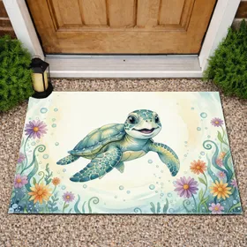 Baby Sea Turtle Underwater Flowers - Ocean Home Decor Gift for Turtle Lover Doormat
