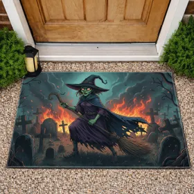 Green-Skinned Witch Broom Graveyard Flames - Halloween Holiday Home Decor Gift Doormat
