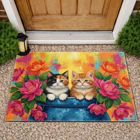 Fluffy Calico Ginger Kittens Blue Planter Floral - Cat Lover Home Decor Gift Doormat