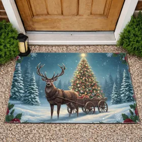 Antlered Deer Christmas Tree Snowy Winter Scene - Holiday Home Decor Gift Doormat