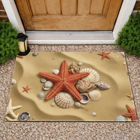 Five-Pointed Starfish Conch Scallop Cowrie Shells Golden Beach Sand - Home Decor Gift Doormat