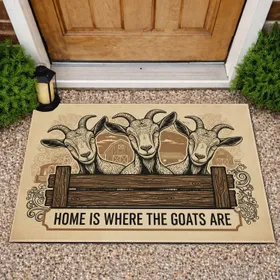 Curious Goats Rustic Fence Home Is Where The Goats Are - Farm Decor Gift Doormat