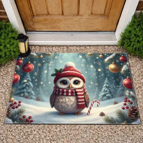Cute Baby Owl Winter Hat Scarf Candy Cane - Christmas Holiday Decor for Owl Lovers Doormat