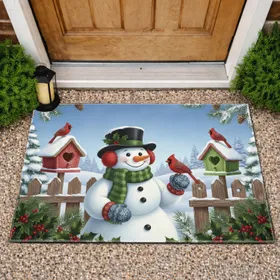 Smiling Snowman Cardinal Birdhouses Holly - Festive Winter Home Decor Gift Doormat