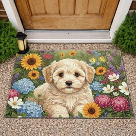 Bichon Frise Puppy Flower Meadow Sunflowers Butterflies - Home Decor Gift for Pet Lovers Doormat