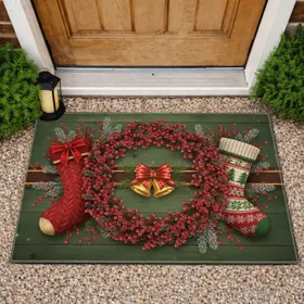 Red Berry Wreath Christmas Stockings Golden Bells Rustic Wood - Christmas Decor Doormat