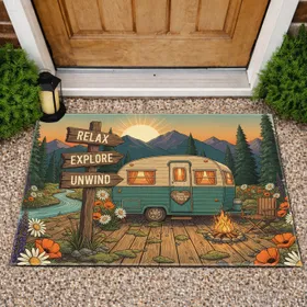 Vintage Travel Trailer Campfire Relax Unwind Sign - Travel Lover Home Decor Gift Doormat