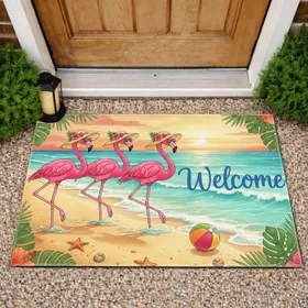 Flamingos Sun Hat Sunglasses Beach Welcome - Tropical Home Decor Gift for Beach Lover Doormat
