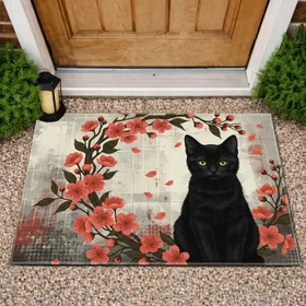 Black Kitten Cherry Blossoms Floral - Home Decor Gift for Cat Lover Doormat