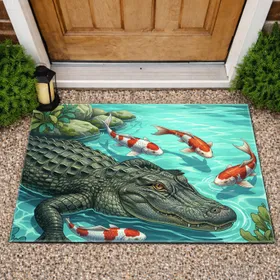 American Alligator Koi Fish Pond Habitat Rocks Aquatic Foliage - Wildlife Lover Home Decor Gift Doormat