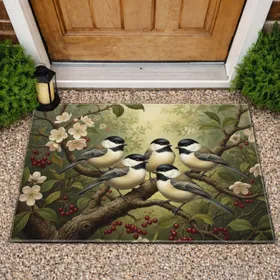 Chickadee Birds Red Berry Blossom Natural Forest Branches - Wildlife Lover Home Decor Gift Doormat
