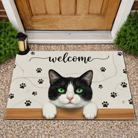 Black Tuxedo Cat Welcome Paw Prints - Home Decor Gift for Cat Lover Doormat