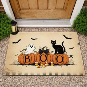 Boo Pumpkins Ghost Black Cat Spiderweb Candy Corn Halloween Home Decor Doormat