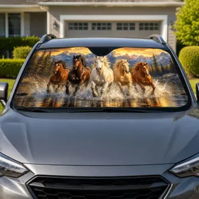 Galloping Horse Herd In Sunset Mountains Western Wilderness Decor For Equine Lovers Car Sunshade