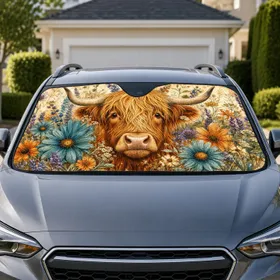 Highland Cow With Wildflowers Rustic Farmhouse Summer Road Trip Decor For Cow Lovers Car Sunshade