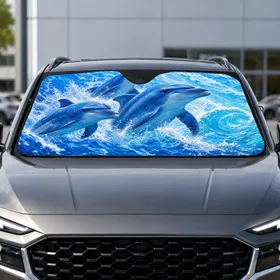 Realistic Blue Dolphins In Ocean Waves For Beach Lovers And Coastal Road Trip Fans Car Sunshade