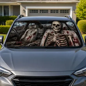 Abandoned Auto Cabin Skeleton Horror Decor For Goth Drivers And Halloween Haunt Fans Car Sunshade