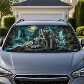 Moonlit Gray Wolves Waterfall Wilderness Scene For Outdoor Adventure Lovers And Campers Car Sunshade