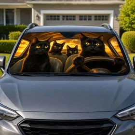 Black Cats With Golden Eyes Cozy Road Trip Cabin Scene For Cat Lovers And Drivers Car Sunshade