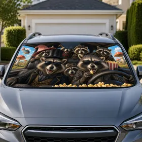 Whimsical Raccoon Road Trip Crew With Popcorn And Mushroom Meadow For Travel Fans Car Sunshade