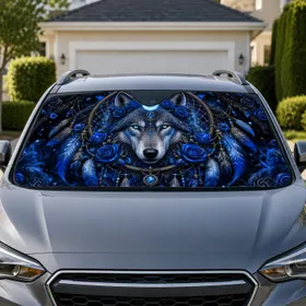 Blue Wolf Dreamcatcher Moon Roses Fantasy Decor For Gothic Road Trip Spirit Lovers Car Sunshade