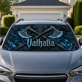Norse Viking Double Axe Valhalla Rune Knotwork Dark Fantasy Decor For Gamers And Fans Car Sunshade