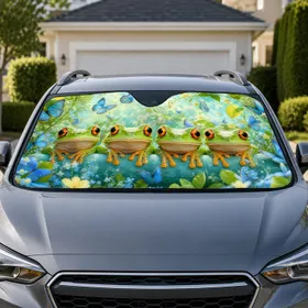 Playful Green Tree Frogs With Blue Butterflies For Cheerful Garden Nature Lovers Car Sunshade
