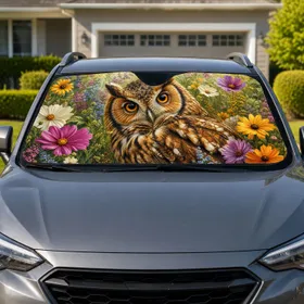 Vivid Brown Owl With Garden Flowers For Boho Nature Decor And Bird Lovers Spring Meadow Car Sunshade