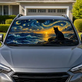 Starry Twilight Black Cat Ocean Scene For Coastal Road Trips And Everyday Cat Lovers Car Sunshade