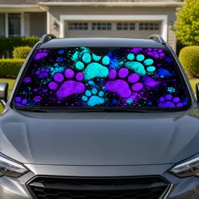 Neon Pet Paw Marks With Paint Splatter For Dog Mom Road Trips And Animal Lovers Gift Car Sunshade